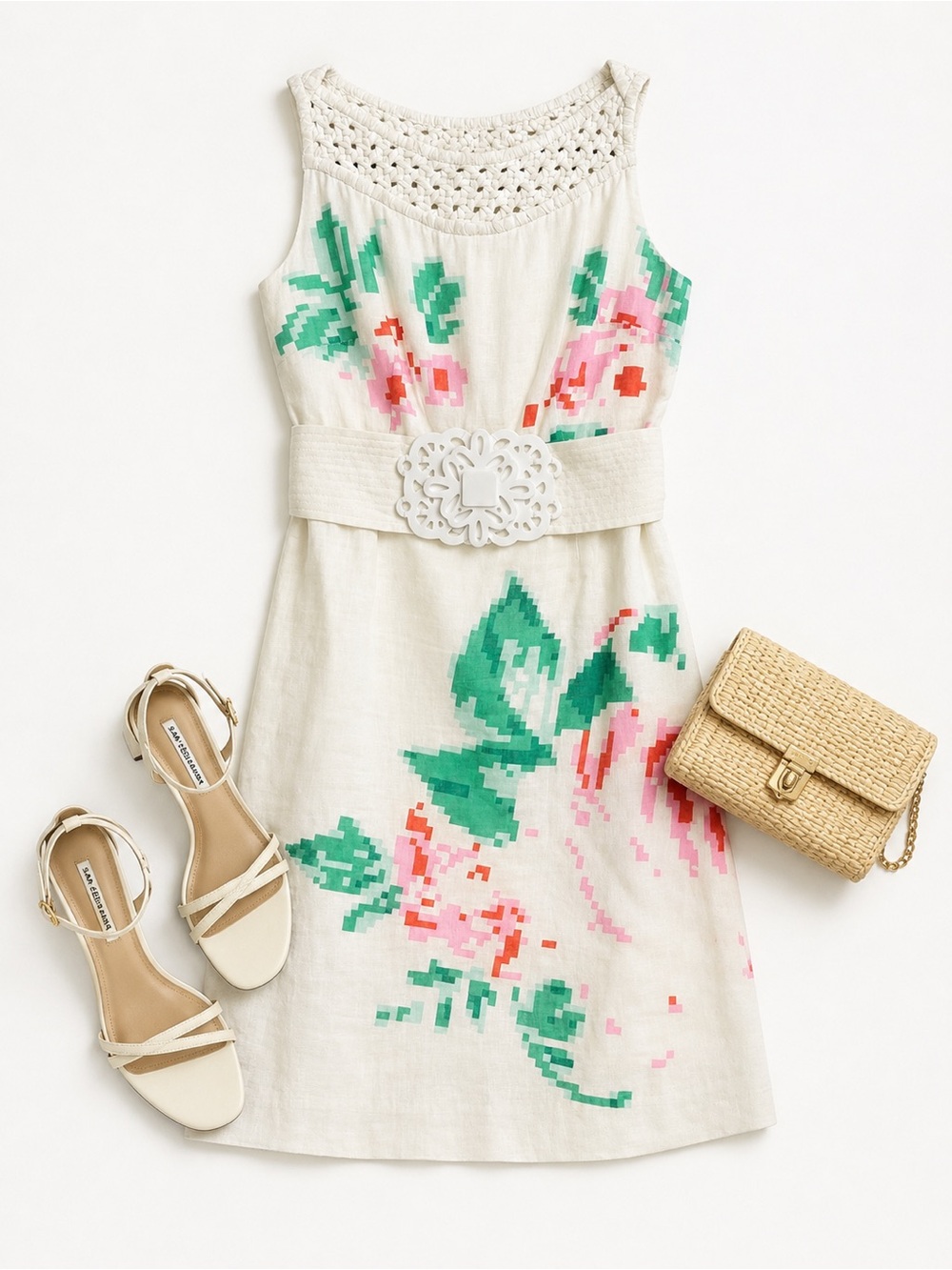 Luxury Karta Linen Cotton Floral Sheath Dress Crochet Neck XS